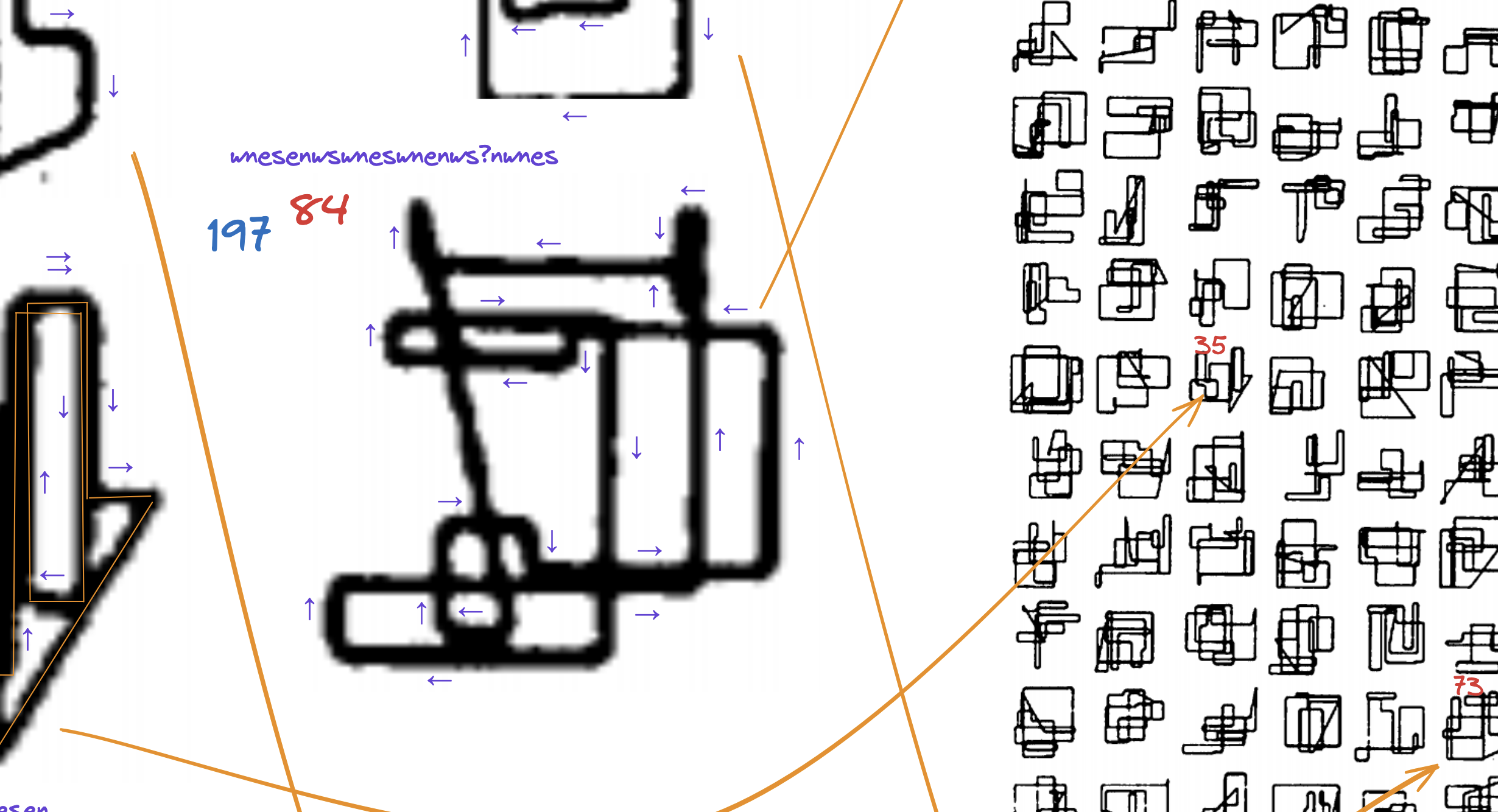 Detail from an excalidraw image where I was trying to trace out
shapes from “23 ecke”. There are some enlarged (and thus
blurry/pixelated) shapes with little arrows adjacent to each segment,
where I was trying to guess which order and direction they were drawn
in. Orange arrows sweep over from the enlarged shapes to their
position within “23 ecke”. The shapes are numbered, and have strings
of letters like “wnesenwswneswnenws?nwnes” beside them, giving the
cardinal directions for line segment
directions.