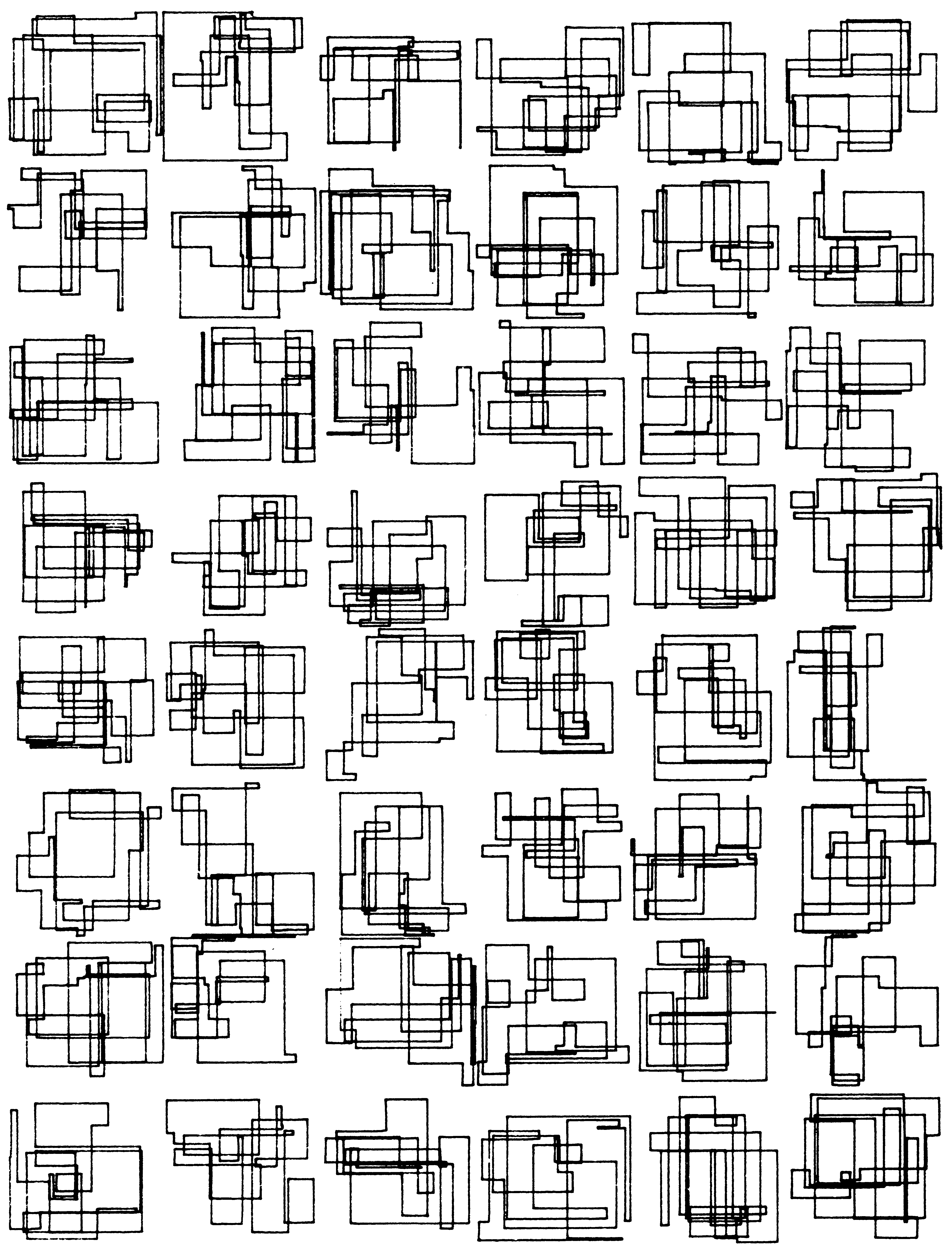 An array, six across and eight high, of larger shapes. Each consists
of 40 line segments, all either horizontal or vertical, and traces out
a tangled loop.